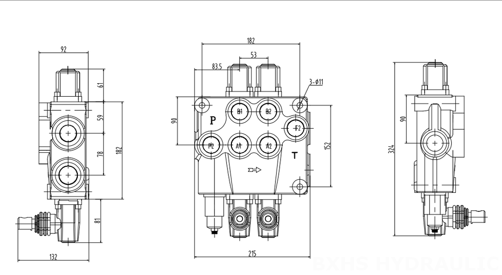 P120 手控 2路 整体换向阀 drawing image