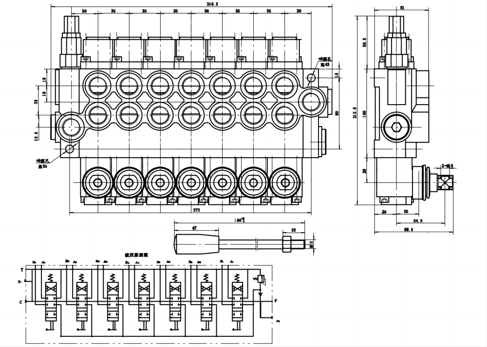 P40-G12-7OT 手控 7路 整体换向阀 drawing image