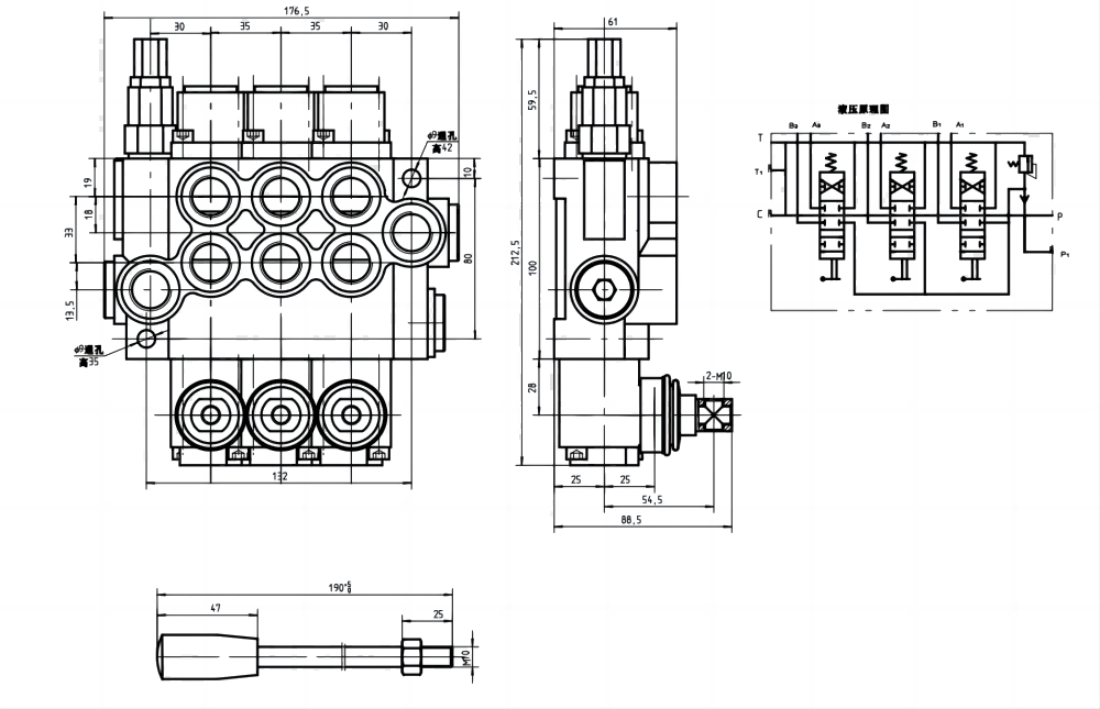 P40-G38-G12-OT 手控 3路 整体换向阀 drawing image