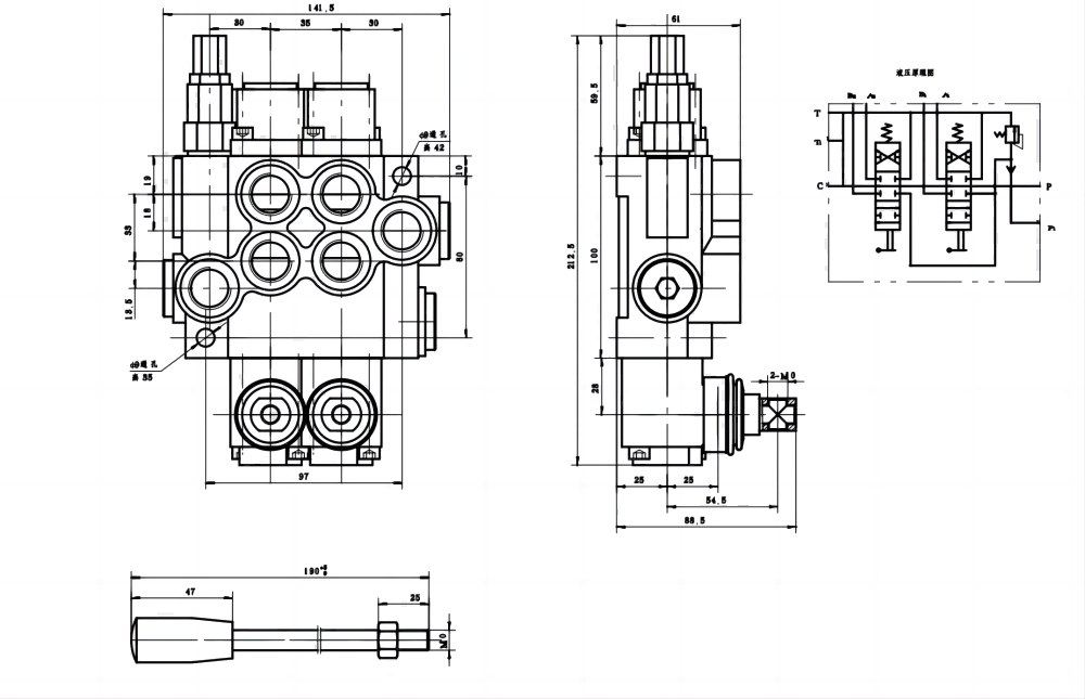 P40-G12 手控 2路 整体换向阀 drawing image