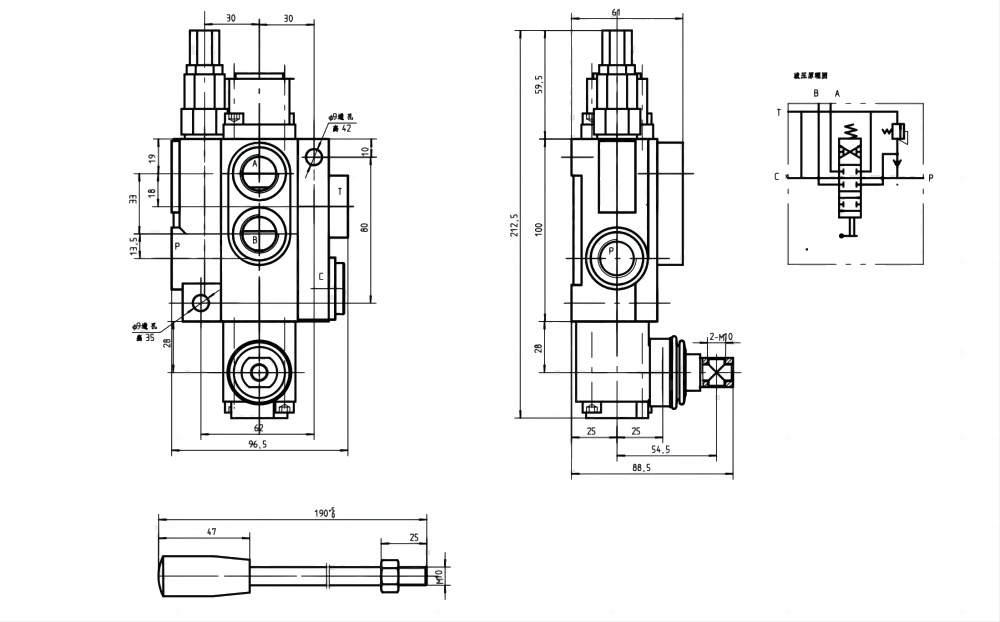 P40-G38 手控 1路 整体换向阀 drawing image