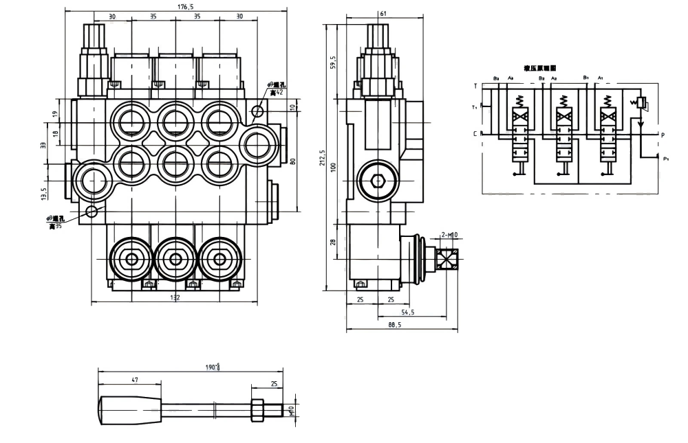 P40-G12 手控 3路 整体换向阀 drawing image