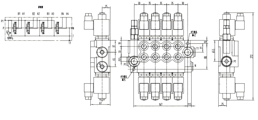 P40-DKL 电磁 4路 整体换向阀 drawing image